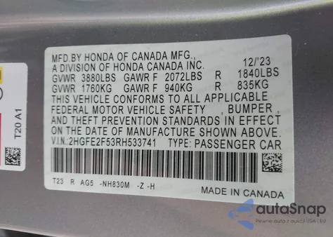2024 Honda Civic Sport from USA, damaged, VIN 2HGFE2F53RH533741